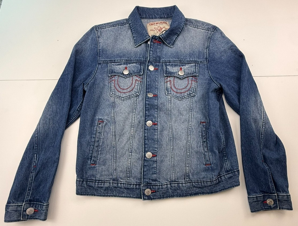 TRUE RELIGION BUTTON FRONT PRINT DENIM JACKET MEDIUM BLUE QUARTZ WASH SZ M NWTB